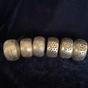 6 Vintage Shabby Brass Color Floral Flower Etched Napkin Holder Rings Mismatch